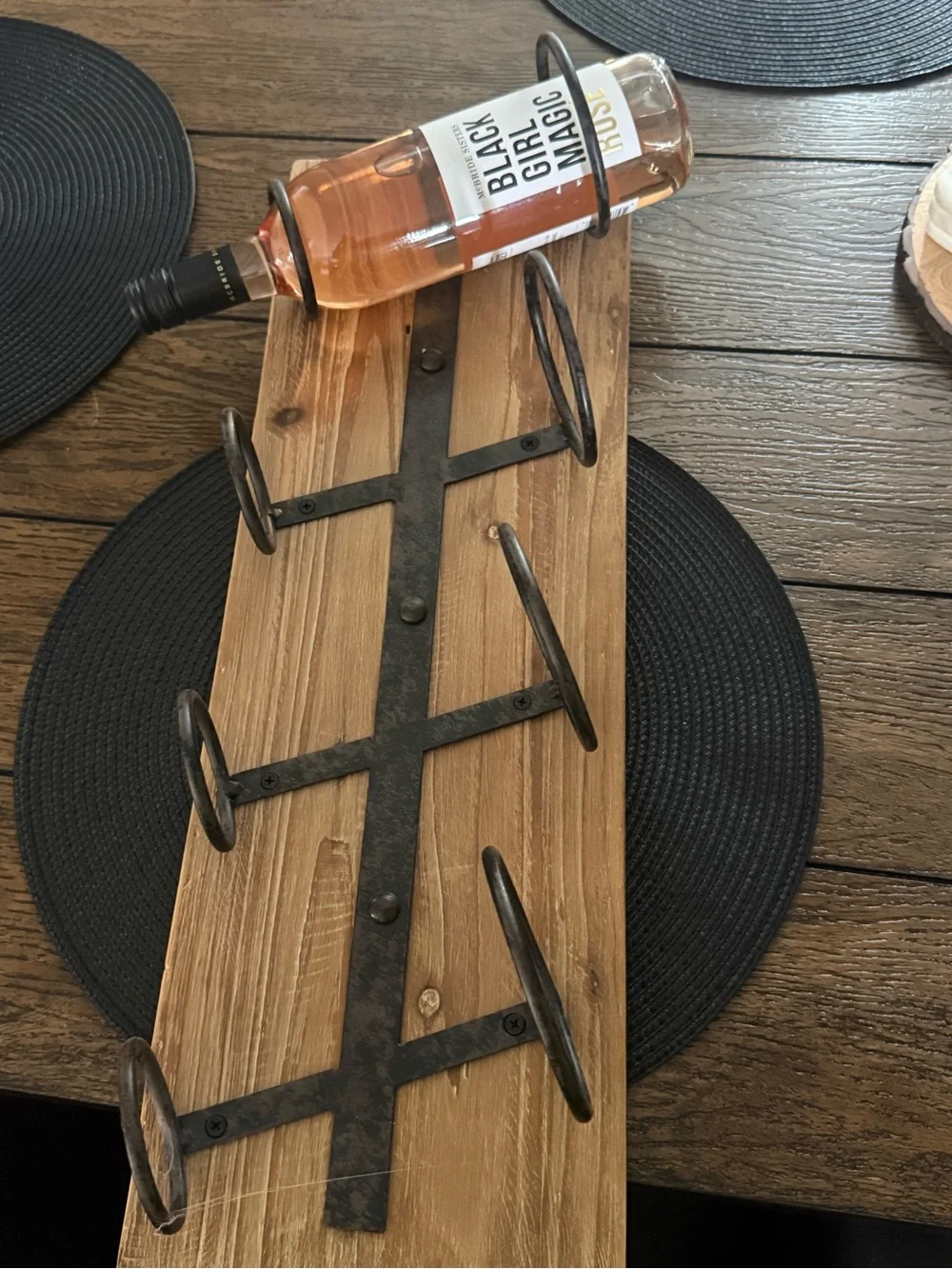 Rustic Wooden Wine Rack with Iron Holders - Black/Brown